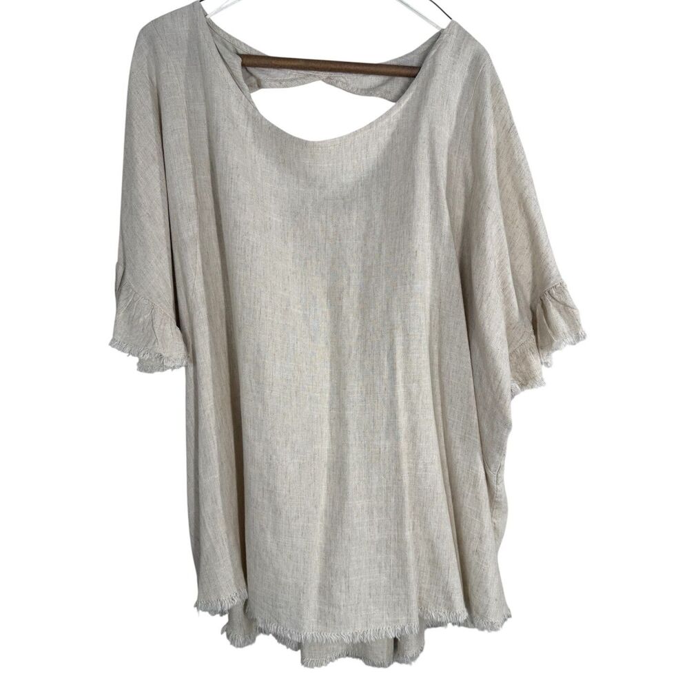 Umgee Womens Beige Linen Blend Blouse Sz 2XL Boho Fringe Neutral Keyhole Back